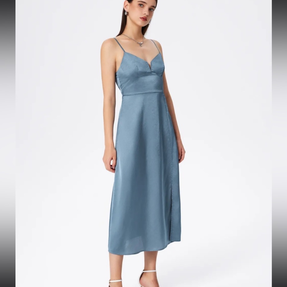 Satin Solid Split Midi Dress